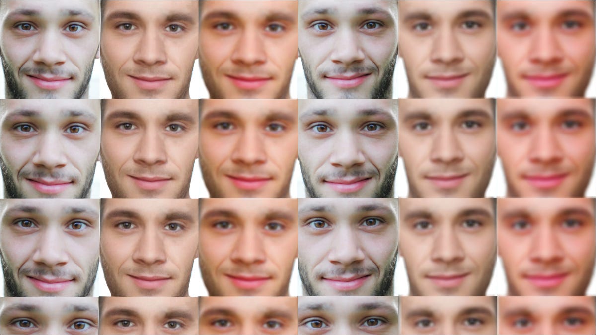 Una serie de rostros generados por procedimientos que se muestran en un patrón de cuadrícula.