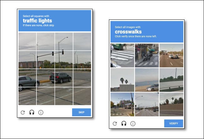 Dos ejemplos de desafíos de visión reCAPTCHA.
