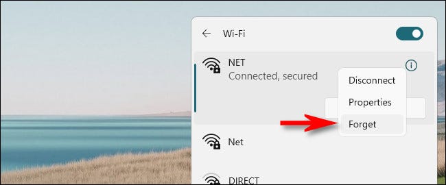 En Windows 11, haga clic derecho en la red Wi-Fi y seleccione "Olvidar".
