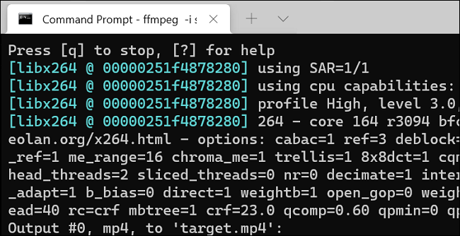Progreso de conversión de MOV a MP4 en FFmpeg.