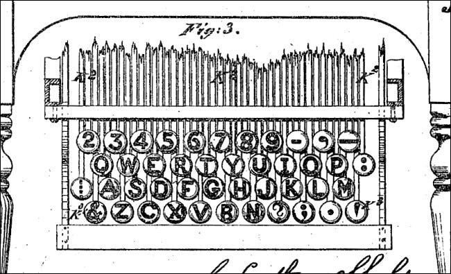 El teclado QWERTY en la patente de la máquina de escribir Sholes 1878.