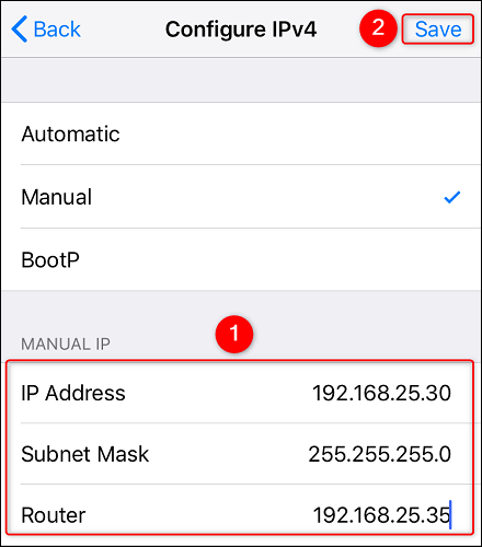 Ingrese los detalles en "IP manual" y toque "Guardar".