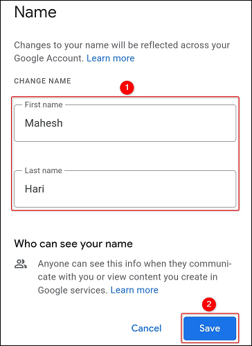 Cambia el nombre de la cuenta de Google en Android.