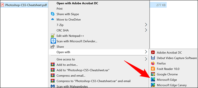 Haga clic con el botón derecho en el PDF y elija Abrir con > Microsoft Edge.