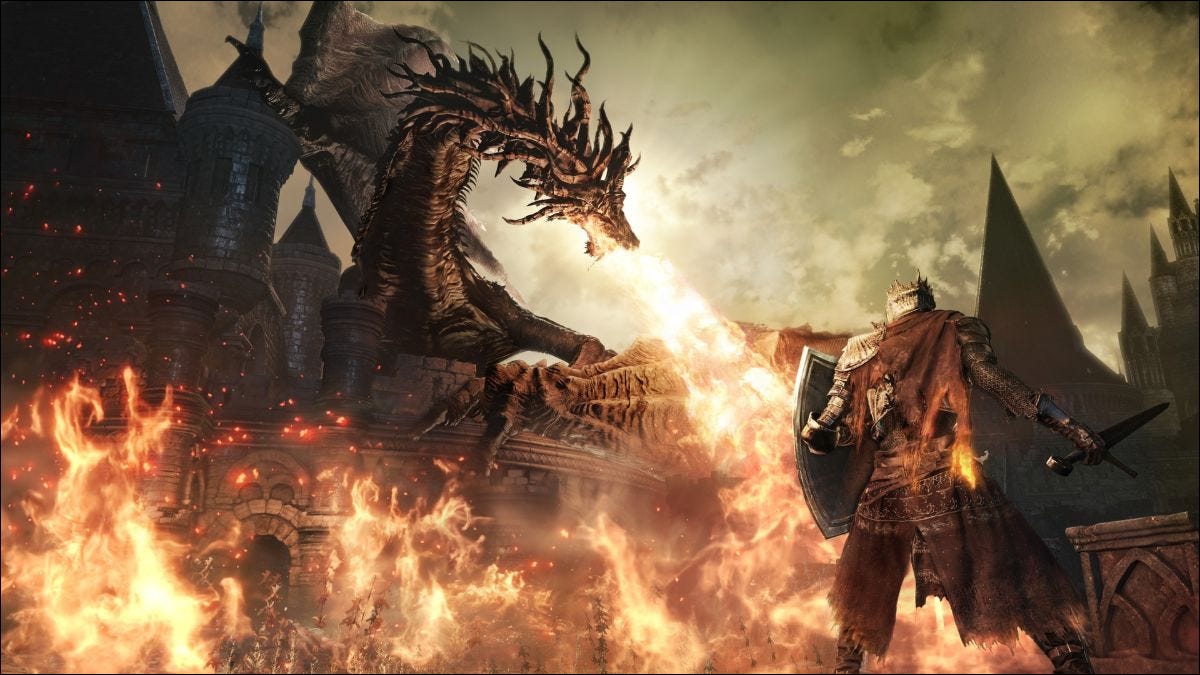 Jugador de Dark Souls 3 luchando contra un dragón.
