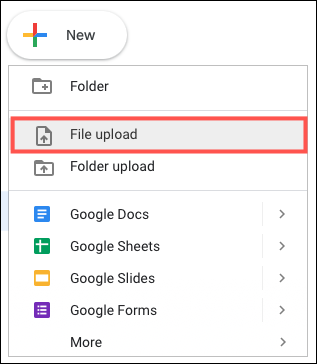 Carga de archivos en el menú de Google Drive