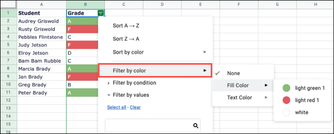 Filtrar por opciones de color en Hojas de cálculo de Google