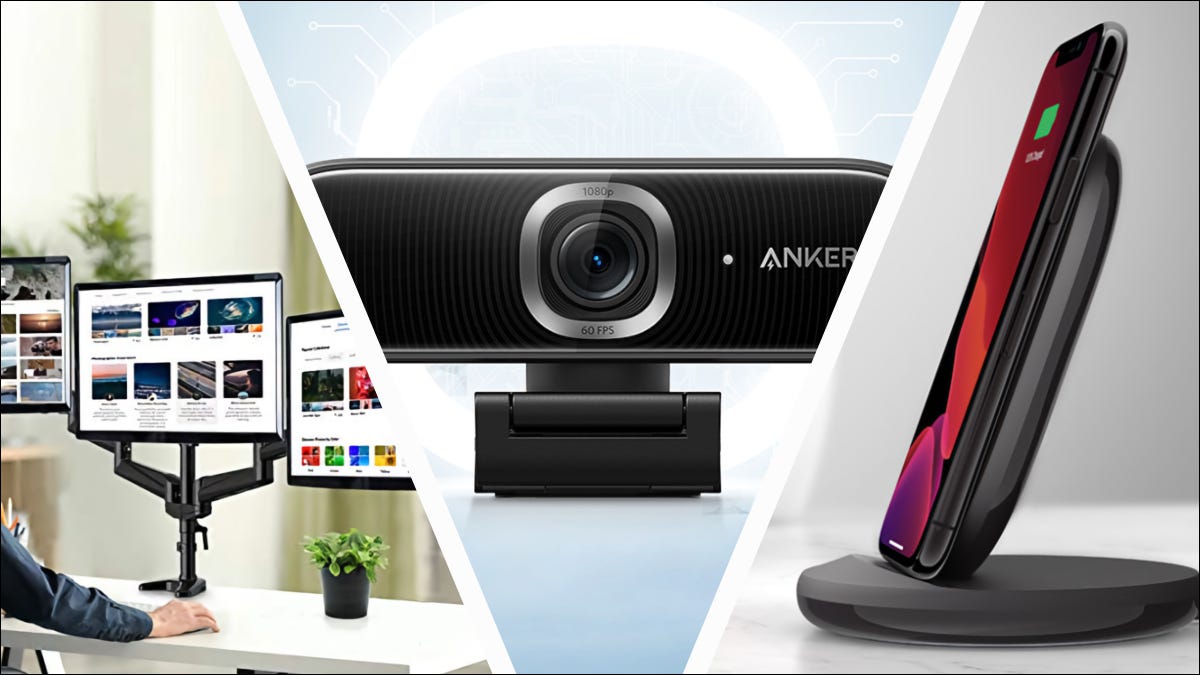 How-To Geek Deals con la cámara web Anker PowerConf C300, el soporte de carga inalámbrico BOOST↑CHARGE de Belkin y el soporte para tres monitores HUANUO HNTS3B