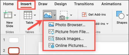 Insertar opciones de imagen en PowerPoint en Mac