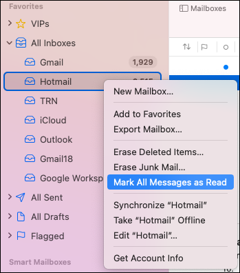 Buzón seleccionado para marcar todos los correos electrónicos como leídos en Mac