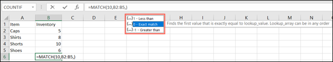 Información sobre herramientas de tipo de coincidencia en Excel