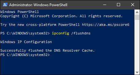 Muestra el mensaje "La configuración de IP de Windows vació correctamente la caché de resolución de DNS".  en powershell