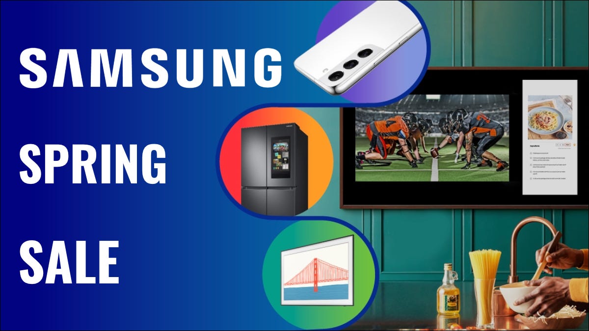 Gráfico de Samsung Spring Sale con un teléfono Samsung, un refrigerador y un televisor