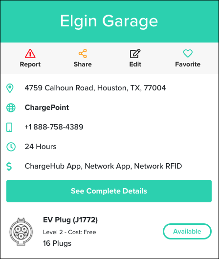 Ejemplo de descripción general de una estación de carga EV en Houston, de Chargehub.