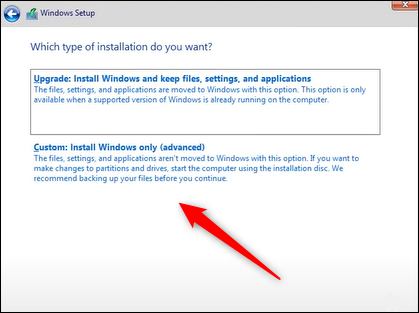 Seleccione la opción para hacer una nueva instalación de Windows.