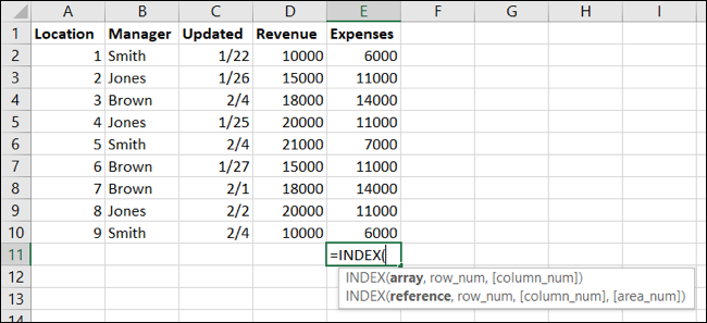 Formas de la función ÍNDICE en Excel