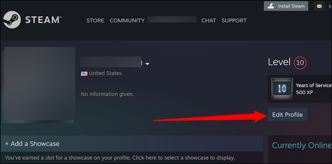 Página de perfil en el sitio web de Steam.  Haz clic en "Editar perfil".