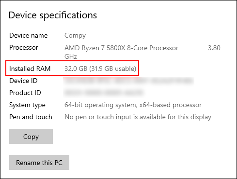 Ver su RAM instalada en Windows 10 PC