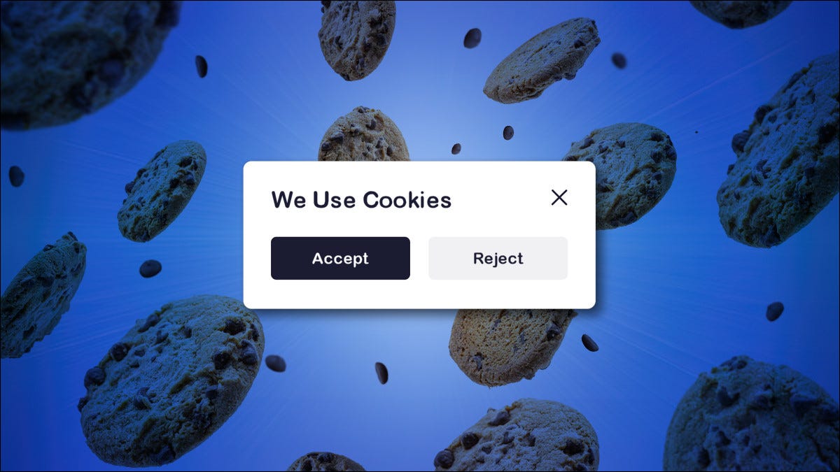 Un cuadro de diálogo "Aceptar cookies" sobre un campo de cookies voladoras