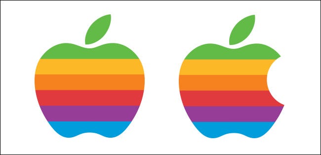 Un logotipo temprano de Apple no oficial modificado sin una marca de mordedura, y el logotipo real al lado