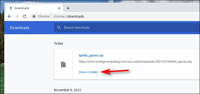 En Chome en Chromebook, haga clic en "Mostrar en carpeta".