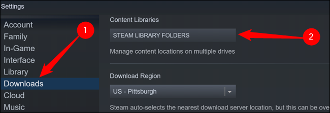 Haga clic en "Descargas" en el lado izquierdo, luego haga clic en "Carpetas de la biblioteca de Steam".