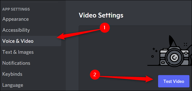 Haga clic en "voz y video" y luego haga clic en "video de prueba".
