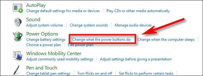 En el Panel de control, haga clic en "Cambiar lo que hacen los botones de encendido".