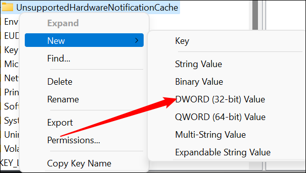 Haz clic con el botón derecho en la clave que creaste, coloca el cursor sobre "Nuevo" y haz clic en "DWORD (32 bits)".