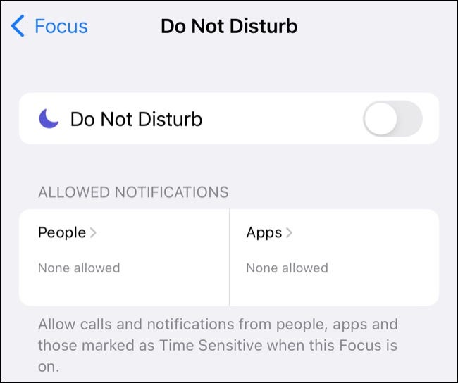 Preferencias del modo No molestar en la configuración de Focus para iPhone