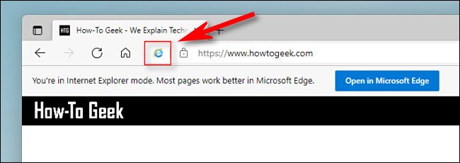 En Edge, el logotipo de IE se mostrará en la barra de direcciones en modo IE.