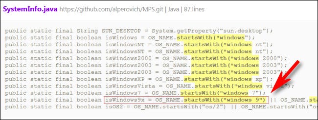 Ejemplo de código Java que confundiría Windows 9 con Windows 9x.