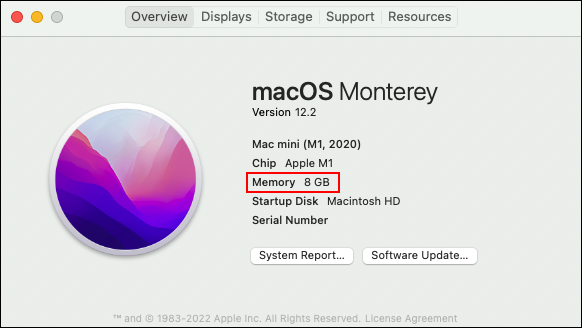 cantidad de RAM instalada en macOS Monterey