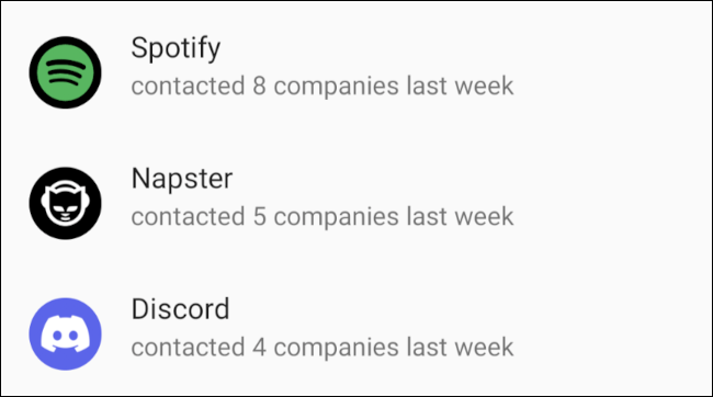 Comparación de la actividad del rastreador de las aplicaciones Spotify, Napster y Discord en Android.