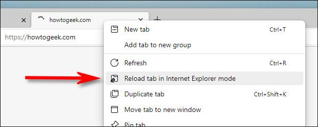Haga clic con el botón derecho en la pestaña y haga clic en "Recargar pestaña en modo Internet Explorer".