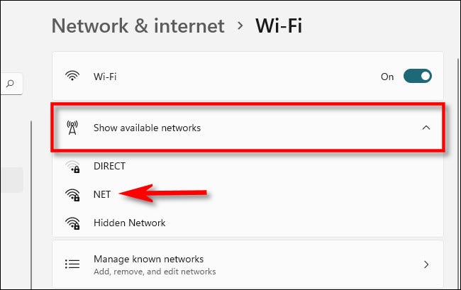 Expanda "Mostrar redes disponibles", luego haga clic en el nombre de la red.