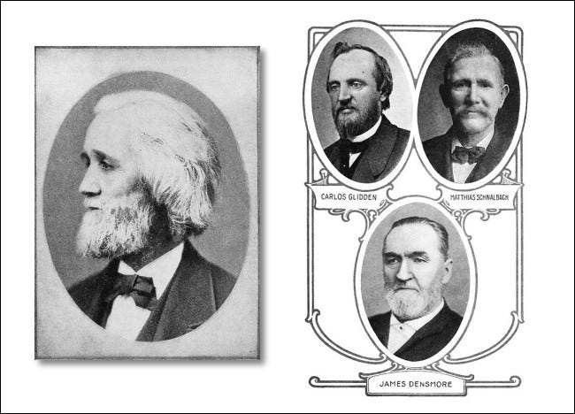 Retratos fotográficos de los inventores de la máquina de escribir: CL Sholes, Carlos Glidden, Matthais Schwalbach y James Densmore