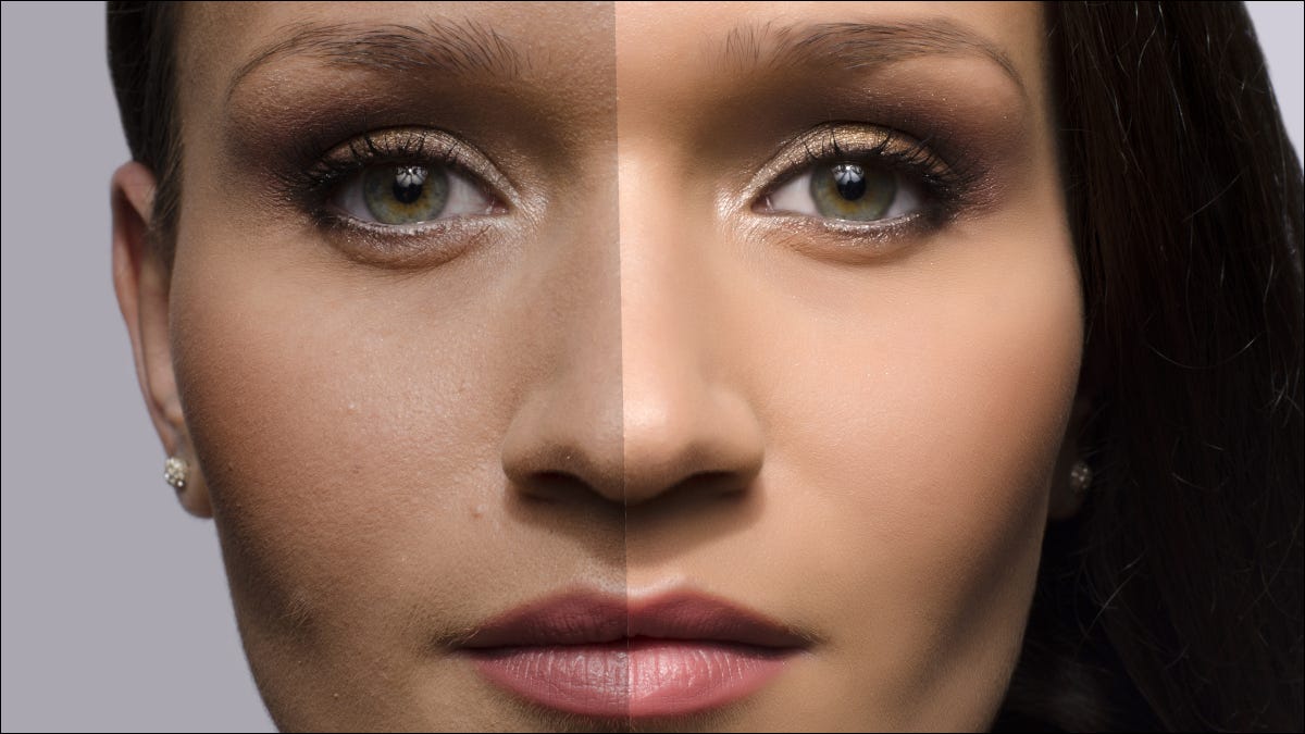 Primer plano del rostro de una mujer, con comparación del antes y el después del retoque.