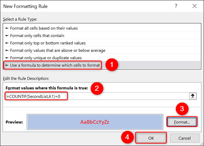 Formato de celdas para comparar listas en Excel.