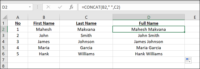 Combinar valores con CONCAT en Excel.
