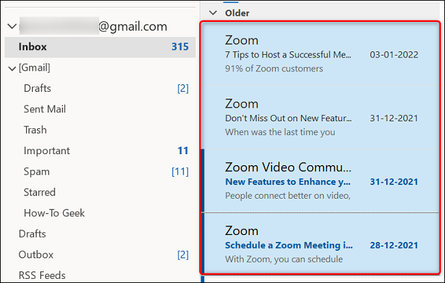 Elimine correos electrónicos consecutivos en Outlook en el escritorio.