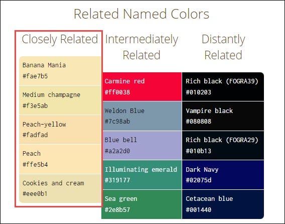 sección "Colores con nombre relacionados".