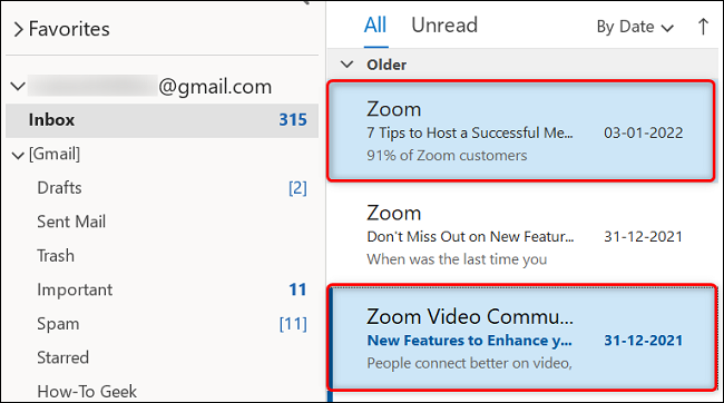 Elimine correos electrónicos no consecutivos en Outlook en el escritorio.