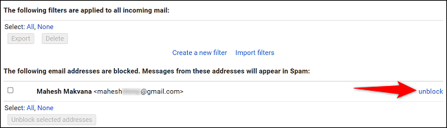 Seleccione "Desbloquear" junto a una dirección de correo electrónico.