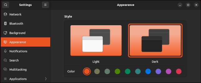 Modo oscuro seleccionado en el panel Apariencia en Ubuntu 22.04