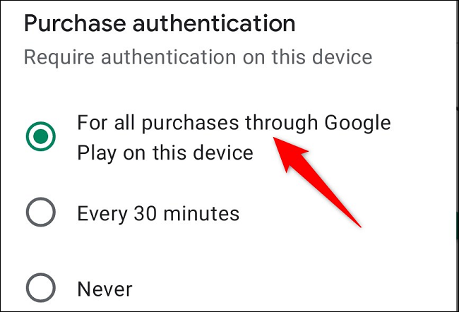 Habilite "Para todas las compras a través de Google Play en este dispositivo".
