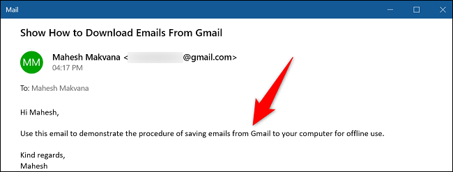 Contenido del correo electrónico de Gmail descargado.