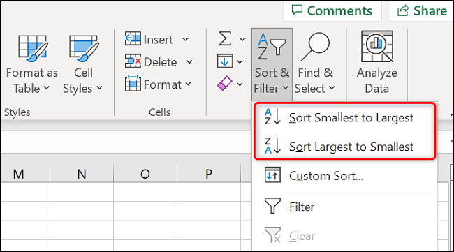 Elija Ordenar y filtrar > Ordenar de menor a mayor.