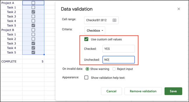 Valores personalizados para casillas de verificación en Hojas de cálculo de Google