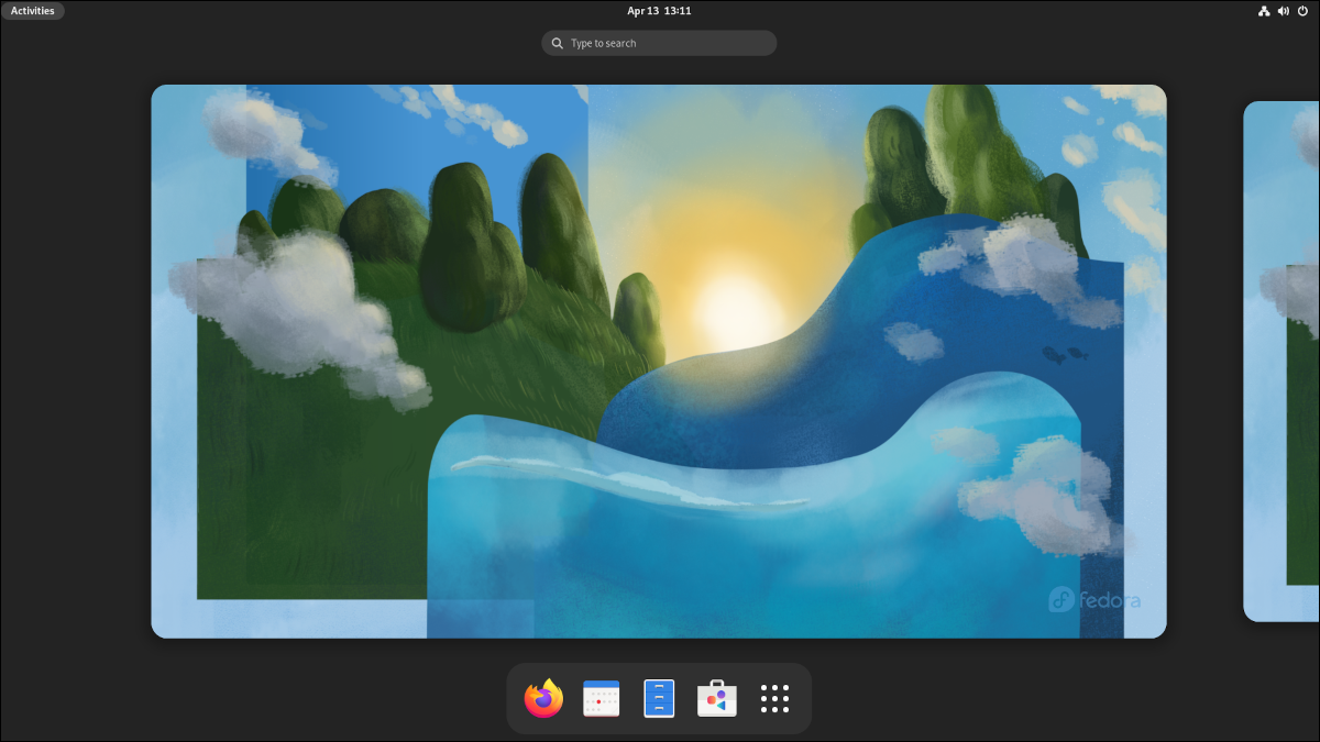 El escritorio de Fedora 36 con dos ventanas activas, un lanzador de aplicaciones y un paisaje pintado de fondo.